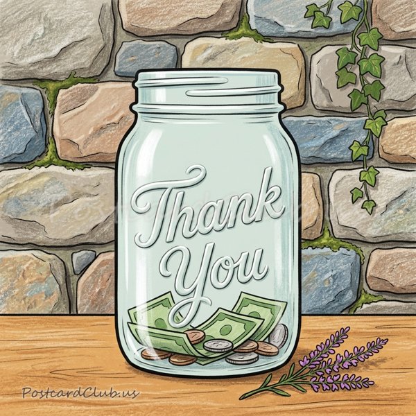 A glass jar marked Thank You holding bills and coins, in front of a stone wall.
